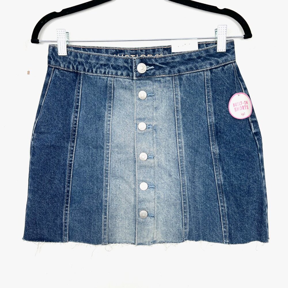NWT Justice Built In Shorts Denim Skirt Button Front Cut Off Hem Girls 18 - Picture 1 of 5